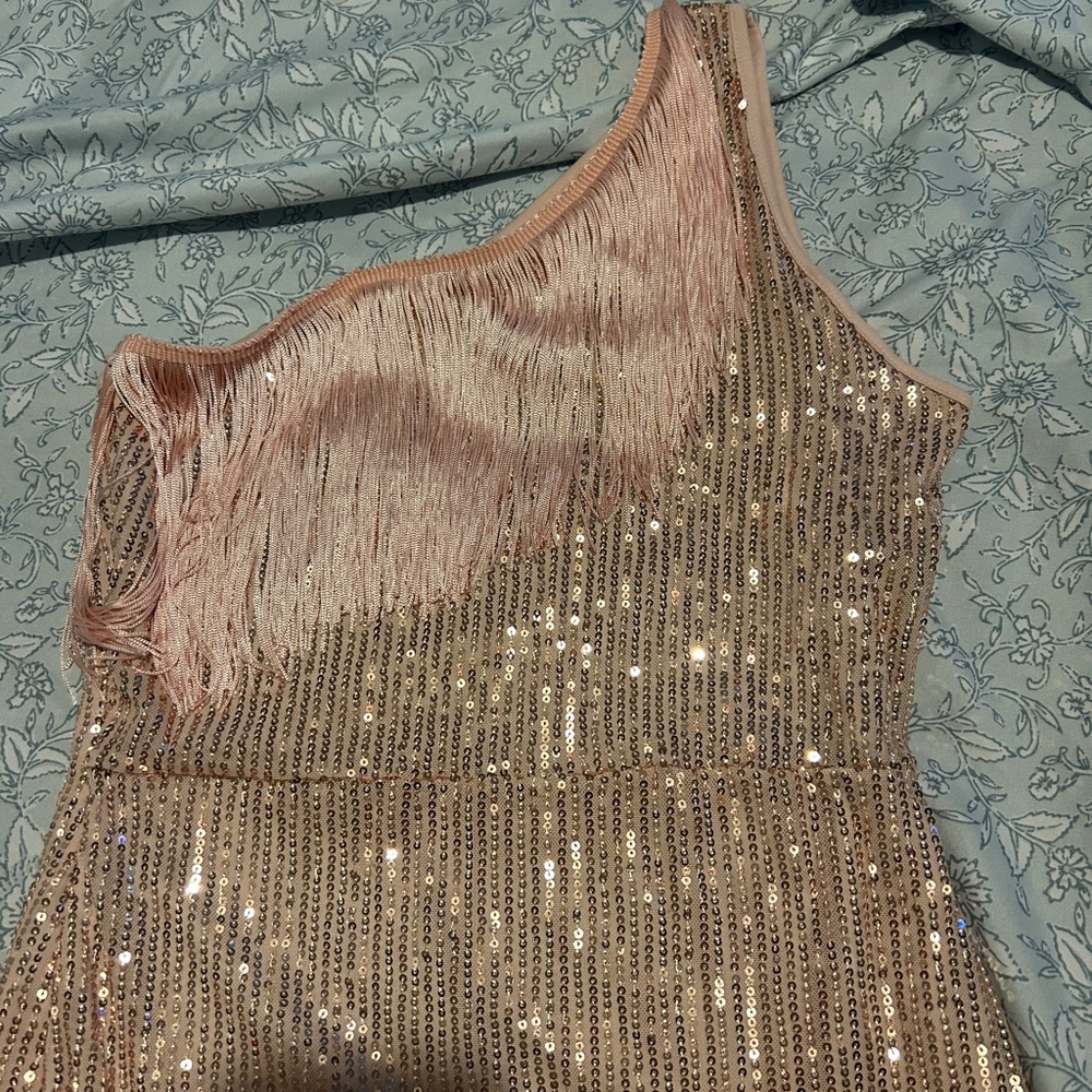 One-Shoulder Pink with Rose GoldSequin Party Dress - Picture 4 of 11